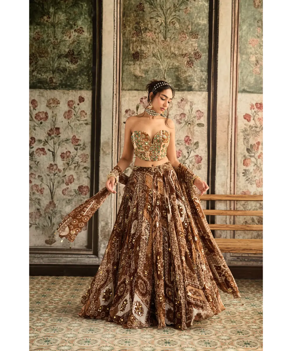 DIYARAJVVIR - Caramel Print and Highlighted Corset Top with Lehenga Set